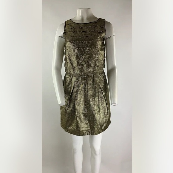 See By Chloe Sz 6 Fit & Flare Metallic Dress Gold Acetate Button Closure - Picture 1 of 8